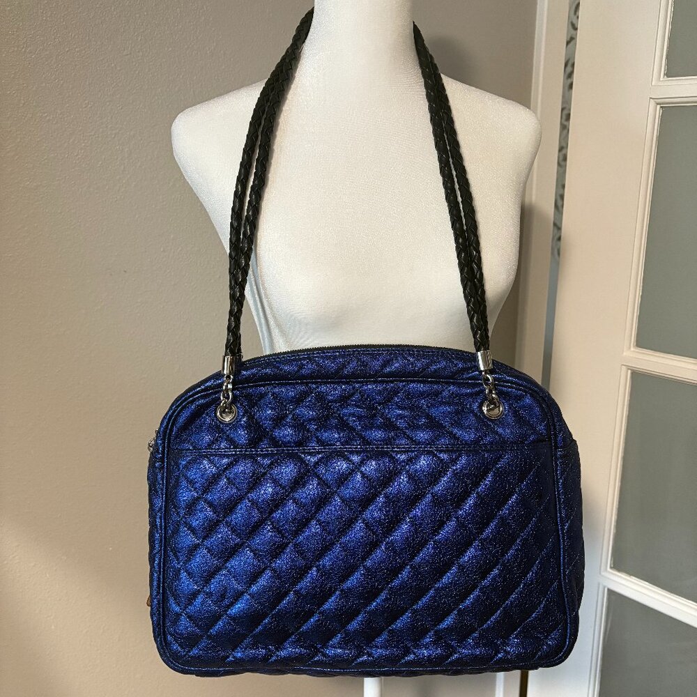 MZ WALLACE Blue Quilted Glittery Metallic Shoulder Tote NWOT